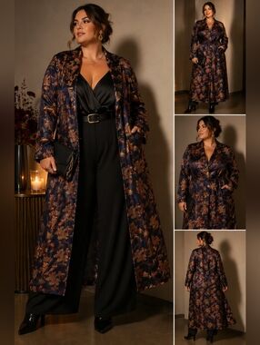Vintage Confecções Elite Navy Long Tapestry Overcoat Size L/XL